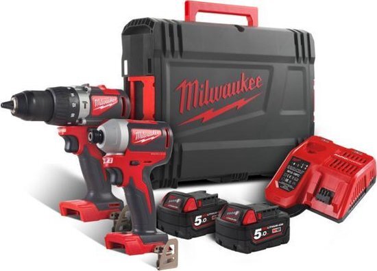 Milwaukee M18 BLPP2A-502X 18V Li-Ion accu Klopboor-/schroefmachine M18 BLPD2 & Slagschroevendraaier M18 BLID2 combiset 2x 5.0Ah accu in HD box - Koolborstelloos