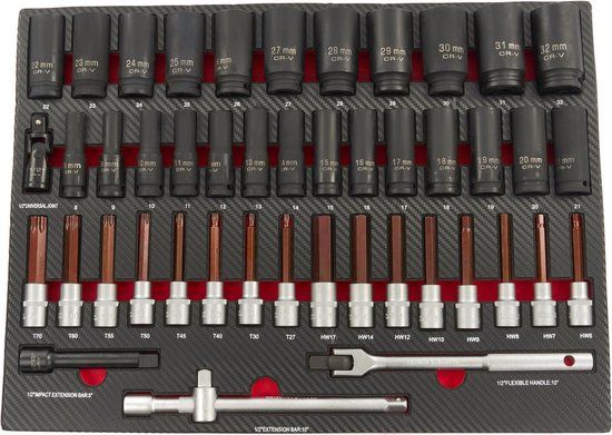HBM 45 Delige Krachtdoppen en Bitset in Carbon Foam inlay voor Gereedschapswagen - Zwart