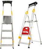 KADAX Aluminium ladder met leuning, trapladder, belastbaar tot 150 kg, ladder in 4 treden, inklapbare huishoudladder met vak voor kwast en antislipvoeten (4 treden)