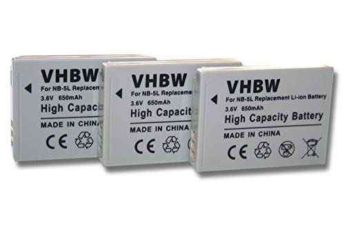 VHBW 3 x batterijen, compatibel met Canon Digital Ixus 990 IS SLR-camera (650 mAh, 3,6 V, Li-Ion)