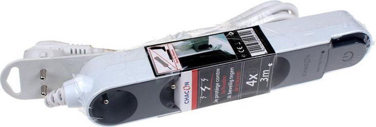 Chacon Stekkerdoos overspanningsbeveiliging met schakelaar 4 stekkers 16A 3m grijs