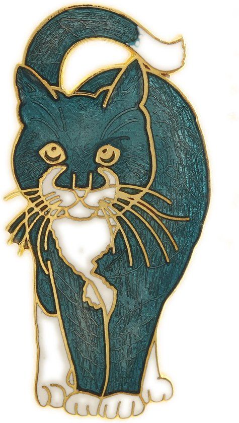 Behave® Vintage Broche Dames Kat Petrol Blauw Emaille 4.5 cm