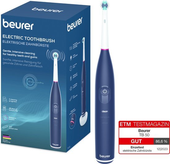 Beurer TB 50 Elektrische tandenborstel - 3 Individuele programma&#39;s: Clean, Sensitive &amp; White - Batterijduur tot 45 dagen - Incl. opbergbox, lader, adapter &amp; borstelkop - Timer - Goed getest - 3 Jaar garantie - Donker blauw