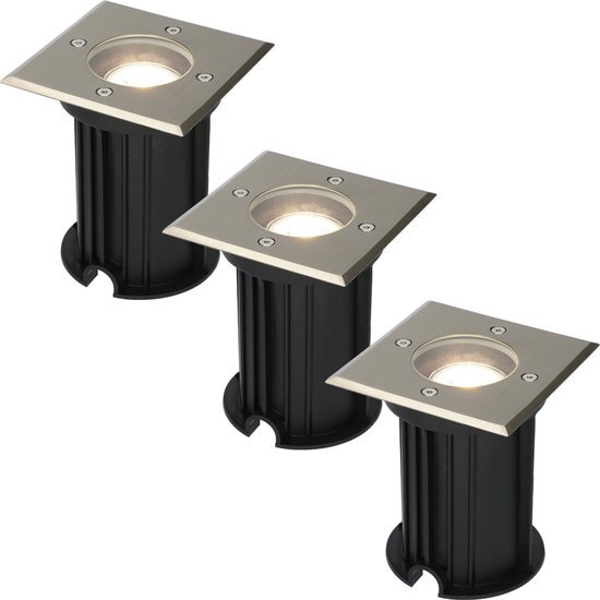 HOFTRONIC 3x Ramsay - LED Grondspots voor buiten - Vierkant - RVS - IP65 waterdicht - Verwisselbare GU10 - 5 Watt - 4000K Neutraal wit - Dimbaar - Tuinspots en inbouwspots buiten voor in de grond -