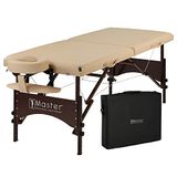 Master Massage 71cm Argo Mobiele massagetafel inklapbaar therapiebed draagbaar beauty bed walnoot houten poten draagtas pakket beige