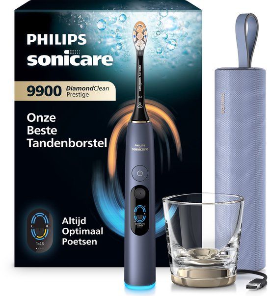 Philips Sonicare Next-Generation DiamondClean 9900 Prestige Elektrische Tandenborstel – met SenseIQ Technologie, Volledige Poetsbegeleiding en Smart Pressure Feedback, Sonic Blue HX9813/98