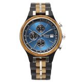 Greentime - Fluor Blue Unisex Polshorloge Hout/Staal Analoog Quartz 38mm Datum Chronograaf Crème/Bruin/Blauw