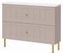3xE living Armoire de salle de bain, modèle sur pied, 80 cm de large, avec façade nervurée de 19 mm, finition cachemire avec un plateau plat aspect marbre de couleur Bianco, poignées fraisées, pieds ronds de 15 cm, dimensions 80 x 46 cm