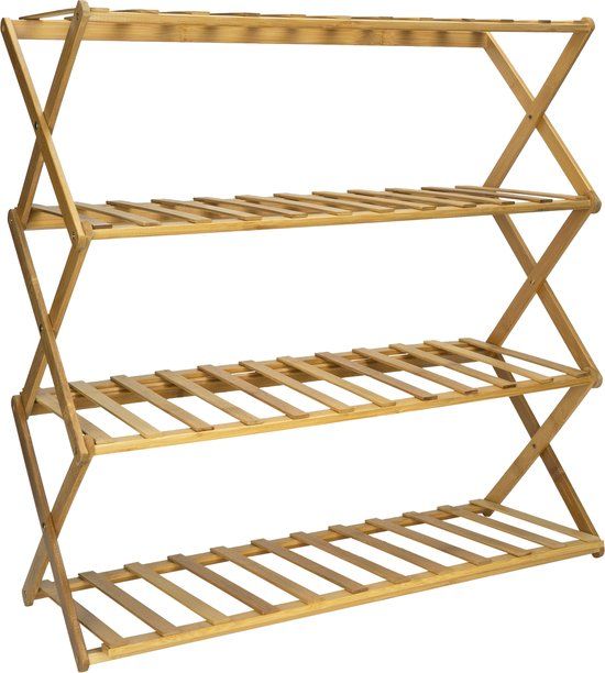 QUVIO Schoenenrek 4 laags - Schoenenbank - Schoenenopbergers - Bamboe - Inklapbaar - Uitvouwbaar - Makkelijk op te bergen - 28 x 66,5 x 50 cm