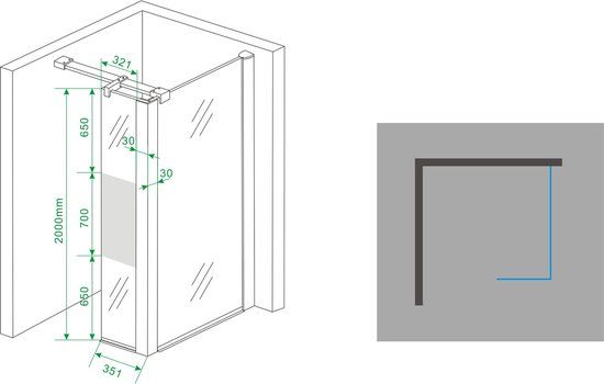 Korver Holland Wiesbaden Partly Hoekwand - 35 x 200 cm - Matglas - Chroom
