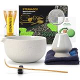TEANAGOO Japanse theeservies (7-delig) Matcha-kom met schenktuit Bamboe Matcha-garde (Chasen) Schop (Chashaku) Matcha garde Houder Matcha Garde Set N3 Lichtgrijs.