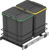 Emuca Recycleerbakken voor keuken, 2 x 16 L, bodembevestiging en handmatig uittrekbaar, Antracietgrijs plastic