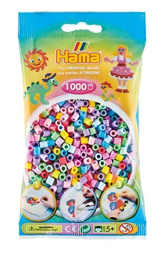 Hama Perlen 207-50 strijkkralen zak met ca. 1.000 kleurrijke midi knutselkralen met een diameter van 5 mm in pastelmix, creatief knutselplezier voor groot en klein