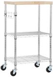Amazon Basics Keukentrolley, 3 verdiepingen, wieltjes, voor magnetron, met houten bovenkant, en in hoogte verstelbare chromen planken, 79,5 kg capaciteit, hout/chroom