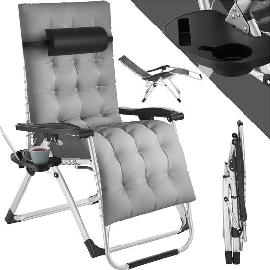 tectake® - Ligbed opklapbare ligstoel, tuinligstoel, traploos verstelbaar, buitenfauteuil voor balkon of tuin, ligstoel met extra dik kussen, relaxligstoel belastbaar tot 200 kg (grijs)