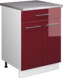 Vicco Onderkast voor spoelbak/kookplaat Fame-Line, Bordeauxrode hoogglans/Wit, 60 cm met lade, WB Marmer