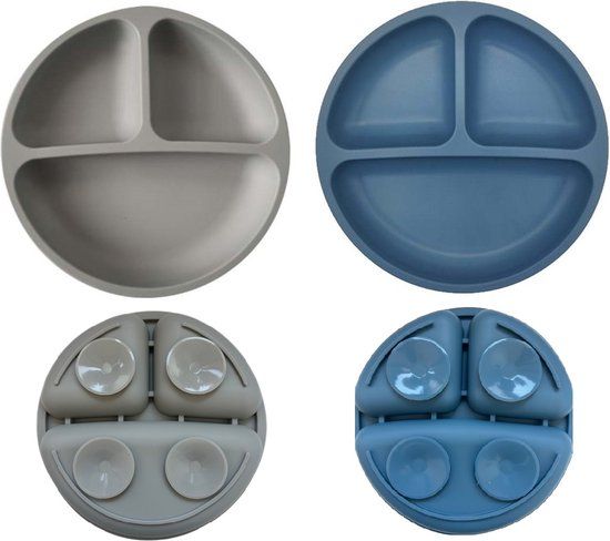 2x Kinderbord - Baby bordjes met 4 zuignappen - Grijs en Blauw - Siliconen Onbreekbaar - 6+ maanden