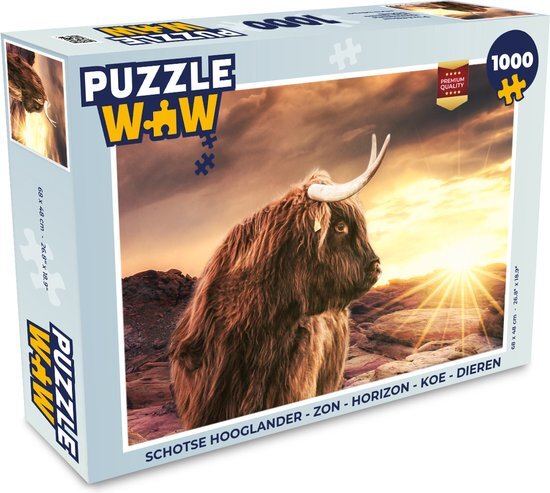 MuchoWow Puzzel Schotse hooglander - Zon - Horizon - Koe - Dieren - Legpuzzel - Puzzel 1000 stukjes volwassenen - Sinterklaas cadeautjes - Sinterklaas voor grote kinderen