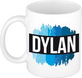 Bellatio Decorations Dylan naam cadeau koffie mok - beker - met blauw verfstrepen - Cadeau collega - vaderdag - verjaardag - meester - coach - 300 ml - wit