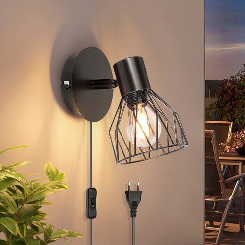 Kimjo Wandlamp met Schakelaar en Stekker, Zwart Binnen Zwenkbaar, E14 Wandspot Slaapkamer Woonkamer