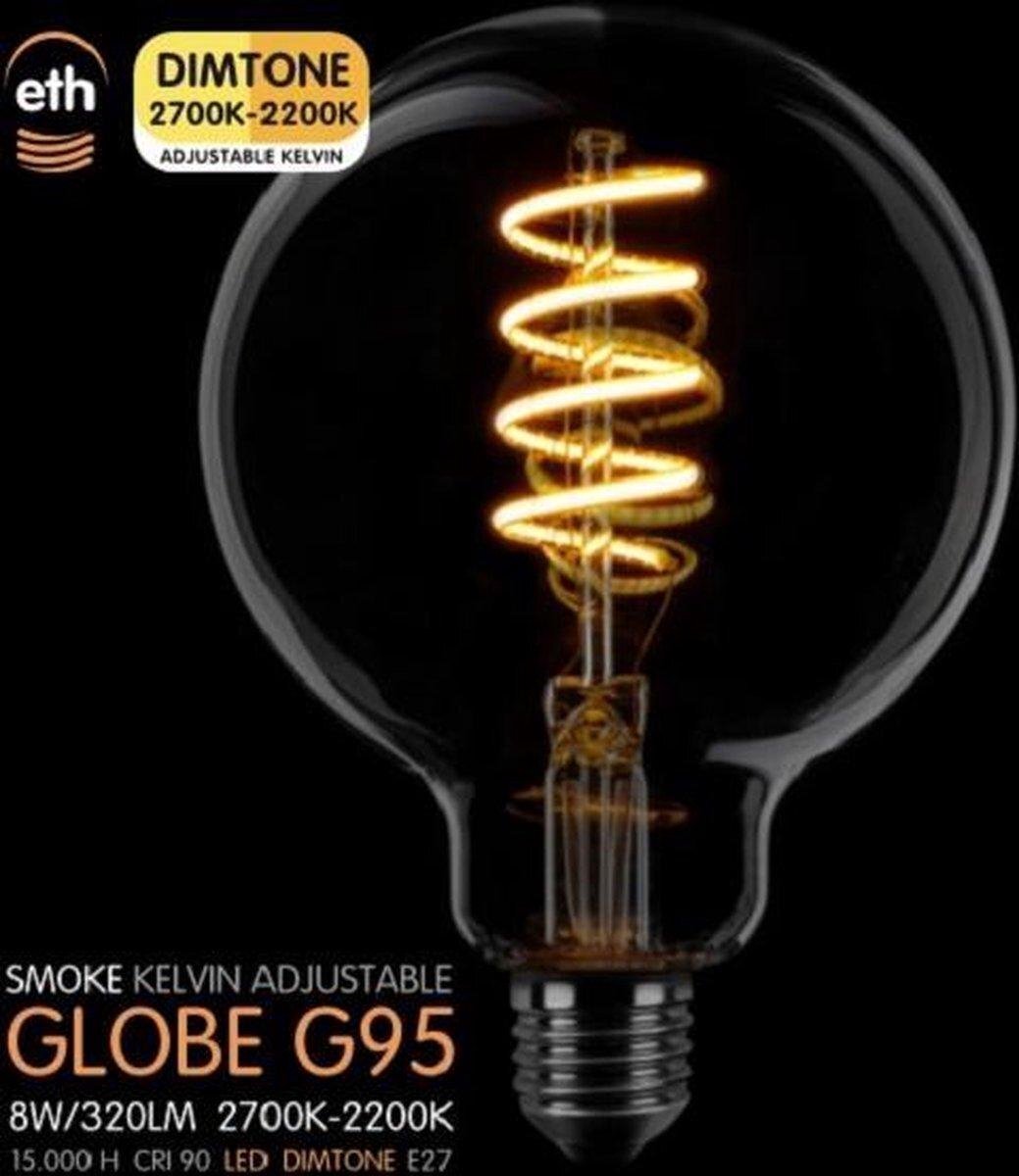 Expo Trading Led spiraal Globe 95mm E27 8W dimtone van 2700K naar 2200K Smoke