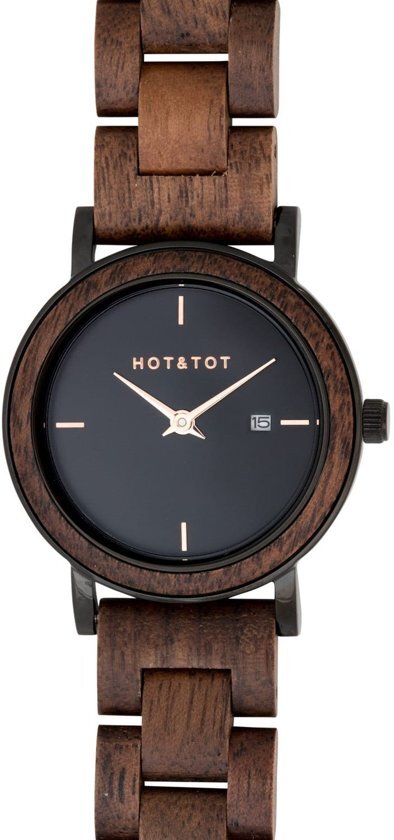 Hot Tot Nyx - Houten horloge - Dames - Zwart - Walnoot - Bruin - Rosegoud - Ã¸ 32 mm