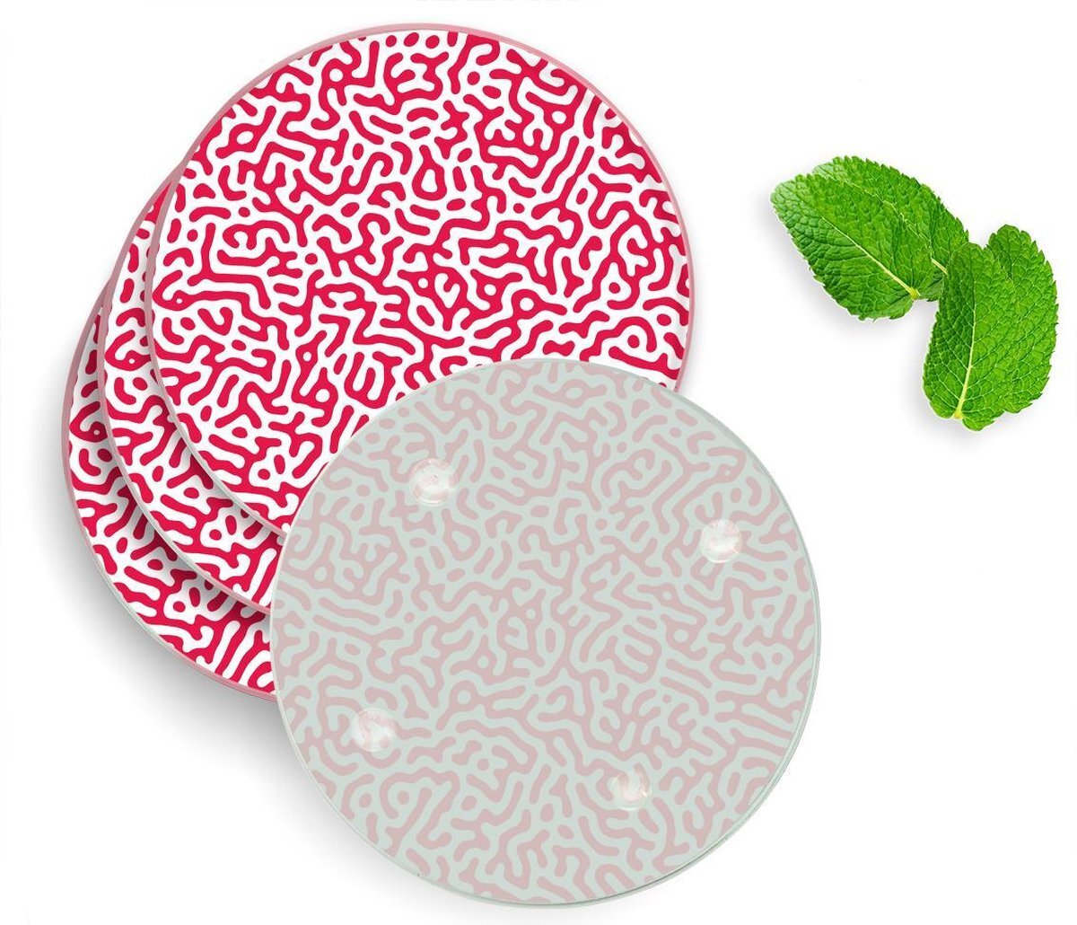 qMust 4 Luxe Glazen Onderzetters - Design Red Doodle - Rond