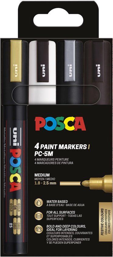 Posca Uni POSCA paintmarker PC-5M | 1 | 8 - 2 | 5 mm | etui van 4 stuks goud | wit | zilver en zwart