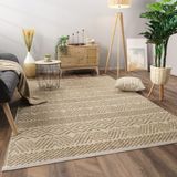 Paco Home Tapijt voor woonkamer, slaapkamer voor volwassenen, laagpolig, bohemian motief, Scandinavisch motief, franjes, 160 x 220 cm, natuurlijke kleur