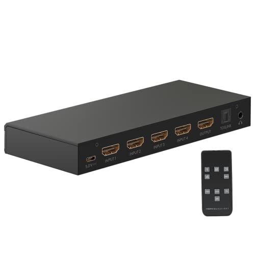 Goobay 58490 HDMI Switch 4 ingangen 1 uitgang afstandsbediening HDMI Switch 4K @ 60Hz 18 Gbit/s Toslink & 3,5 mm Jack schakelbox