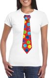 Bellatio Decorations Shoppartners Bv Foute Kerst t-shirt stropdas met kerstballen print wit voor dames L