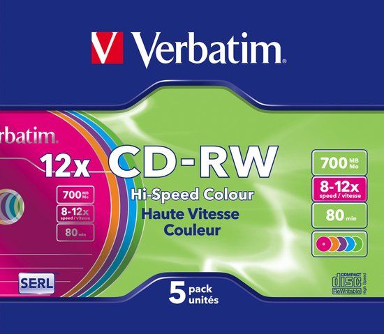 Verbatim CD-RW SL 700MB 12X SC COLOUR SURFACE - 5-pack