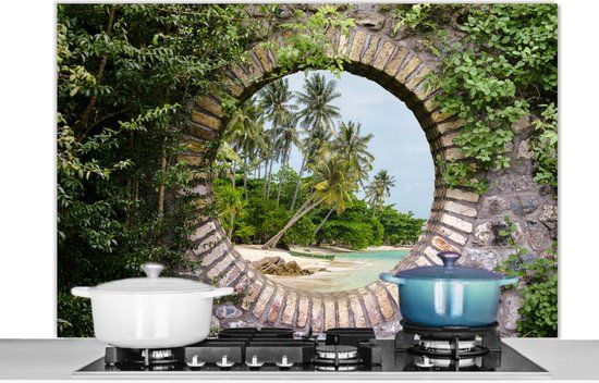KitchenYeah Spatscherm keuken 120x80 cm - Palmbomen - Tropisch - Doorkijk - Aluminium