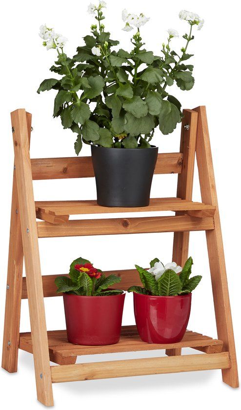 Houten bloemenstandaard - 2 etages - inklapbaar - 51x41x25 cm - bruin