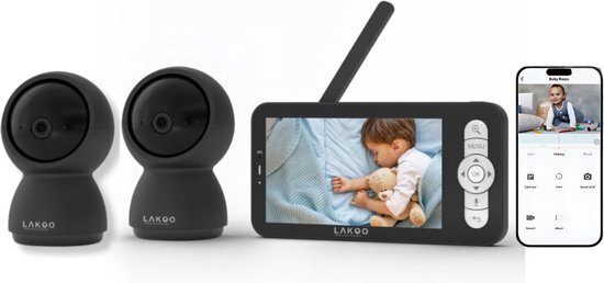 Lakoo® BabyGuard Kitty Black 2 Pack - Babyfoon - baby monitor - Babyfoon met 2 Camera's - Babyfoon met Camera en app - Gratis App - 720HD, Wifi - Nachtzicht - Terugspreekfunctie - Slaapmuziek - Draaibaar - Uitbreidbaar - Tempratuurweergave