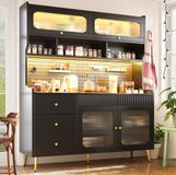 OKWISH Dressoir - Hoge Kast Met Ledverlichting En App-Bediening - 145 x 39 x 171 cm - Met Lade En Glasdeur - Zwart