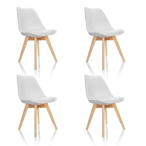 hjh OFFICE Set van 4 eetkamerstoelen Scandi kunststof wit massief houten poten beuken, stoel gestoffeerd retro design 661009