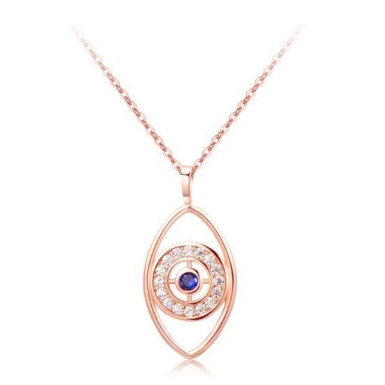 LGT JWLS Lookinggoodtoday Rose Kleurige Evil Eye Dames Ketting met Witte en Blauwe Zirkonia