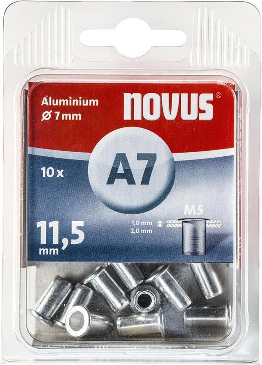 Novus Blindklinkmoer Ø7 mm aluminium, 10 klinkmoeren, M5 schroefdraad, 11,5 mm lengte, voor kunststof en lichtgewicht bouwmateriaal