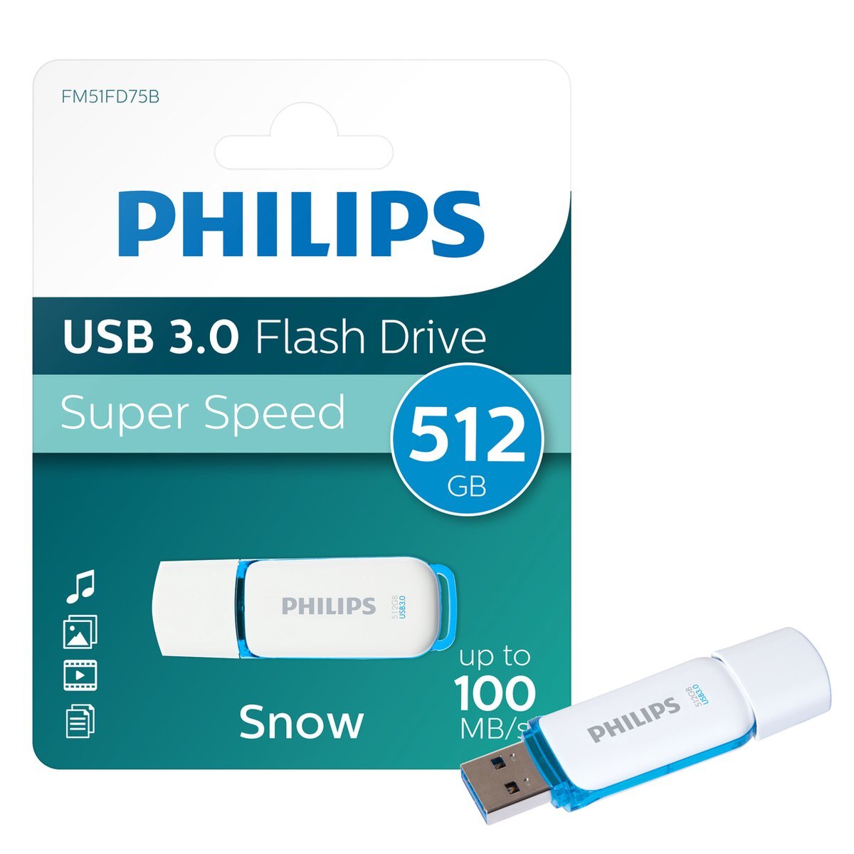 Philips USB Stick 512 GB Snow Edition Ocean Blue - 3.0 USB Type-A 3.2 Gen 1 (3.1 Gen 1) - Wit