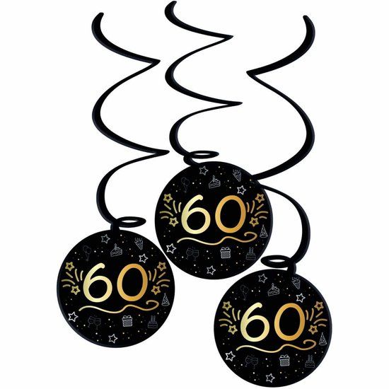 Folat Shining Glam Swirls 60 Jaar Verjaardagsslinger - Zwart - 3 stuks