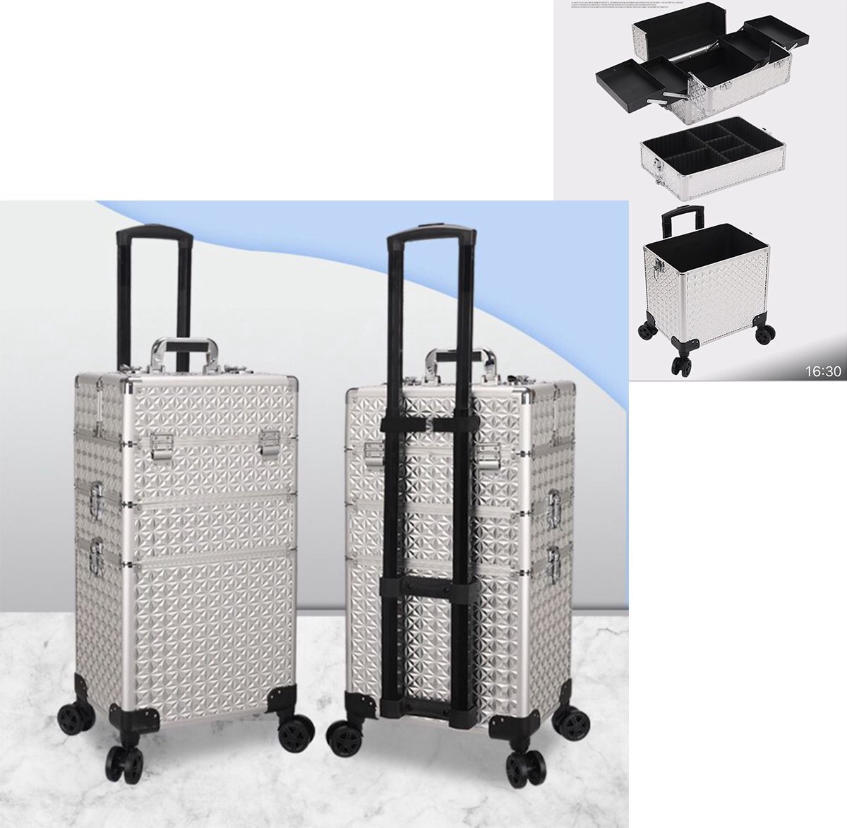 Guardian Beauty Kapper Koffer Zilver | Nagel | Visagist | Make-up | Cosmetica | Schminken | Trolley stevig en gemaakt van aluminium | 3 Delig | 8 Wielen | Bedekt met mooie diamantjes