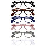 OPULIZE OCA Leesbrillen - 6-Pack - Modern Retro Rond Montuur - Zwart, Bruin, Blauw, Roze, Grijs, Wit - Heren Dames - Veerscharnieren - RRRRRR54-12347W - +1.50