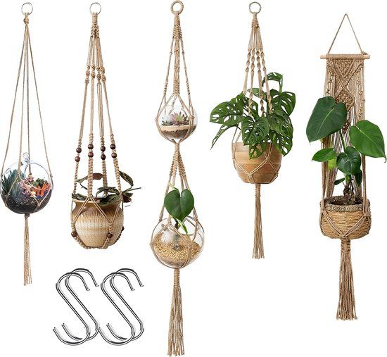 Mycramé 5 Stuks Luxe Jute Plantenhangers - Boho Handgeweven Katoen Hangpot voor Binnen/Buiten - Hangende Bloempot met Kralen - Macramé Touw/Koord Hangplant Houder - Bohemian Wandhanger Decoratie - Plant Hanger - Verticale Tuin Bloempothouder Planthanger