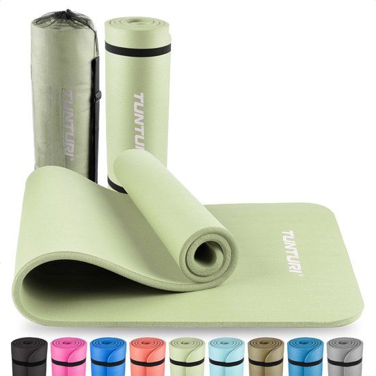 Tunturi NBR Yogamat met Draagtas - Fitnessmat Extra dik & zacht - Sportmat - Anti slip - 180x60x1.5cm - Mint