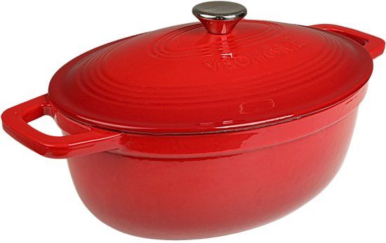 VeoHome Ovale Braadpan en Stoofpot 6L - 32cm - Rode Lava Geëmailleerde Gietijzeren - Geschikt voor Alle Kookoppervlakken, Inclusief Inductie
