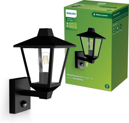 Philips LED Philips Kinno Wandlamp - Buitenlamp - Bewegingssensor - Zwart - E27 fitting - Maximaal 25W - Weerbestendig; IP44