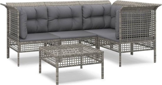 vidaXL 5-delige Loungeset met kussens poly rattan grijs