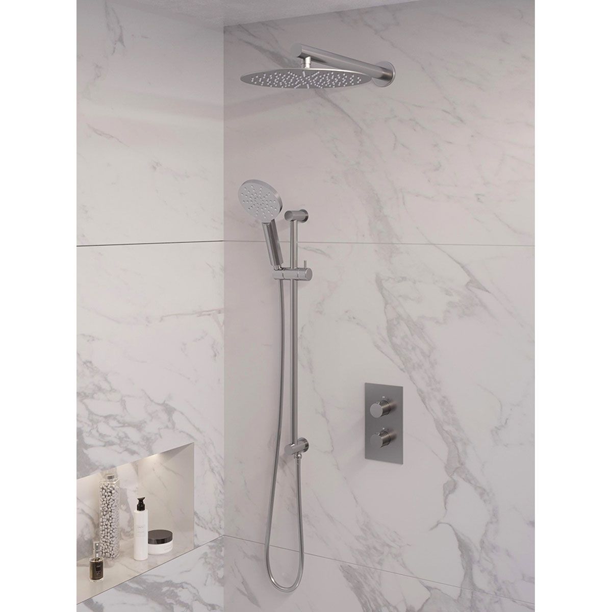 Brauer Regendoucheset 44 Inbouw Muur Brushed Edition 30cm Rond Geborsteld Nikkel PVD 2 Greeps 3-weg met Thermostaatkraan Glijstang en Handdouche