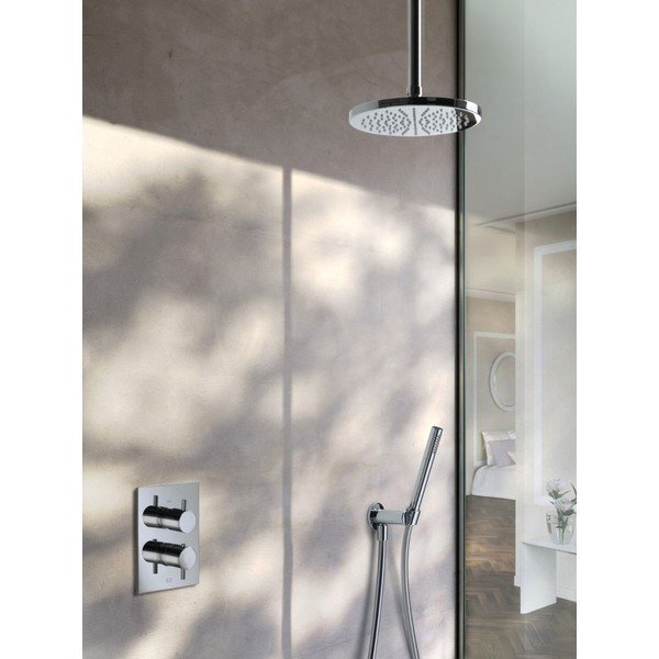 hotbath IBS 2A complete thermostatische douche inbouwset Laddy V met 2 weg stop omstel geborsteld nikkel staafmodel handdouche met plafondbuis 30cm diameter douchekop 20cm IBS2AGN-S-P30-20cm